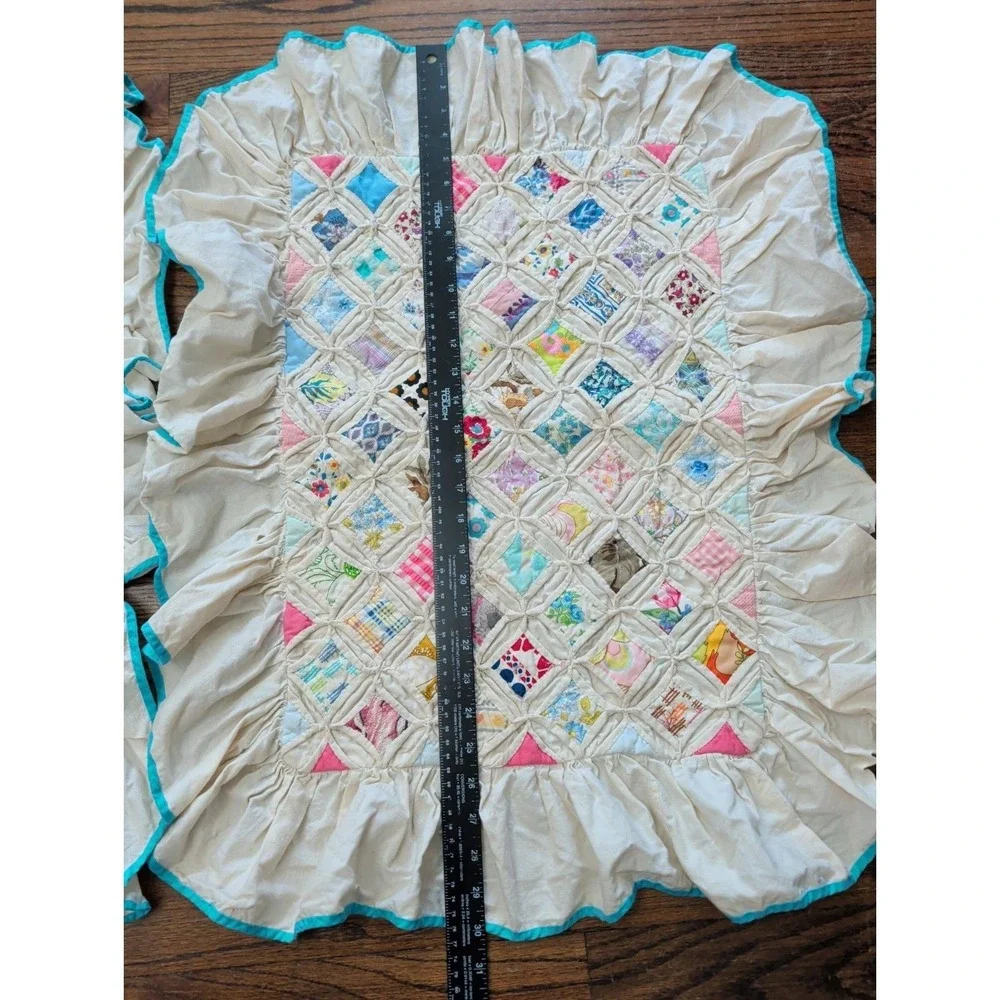 Vntg Cathedral Window Standard Lay Over Shams (2) Ruffled Blue Trim Patchwork